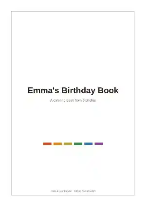 Cover of a coloring book PDF made by the pack, with the title Emma's Birthday Book above six colored crayon bars