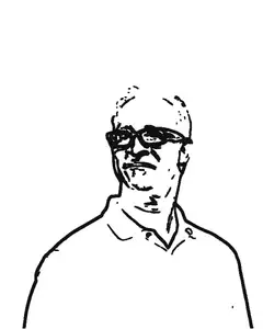 The same portrait as a coloring page: his glasses, smile and hairline as black outlines on white paper