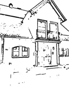 The same house photo as a coloring page: roofline, windows and door as black outlines on white paper