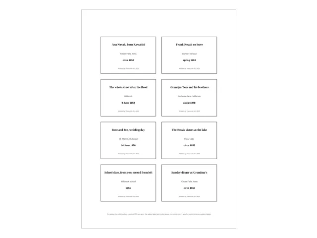A printed sheet of typed caption cards from the maker on this page: eight cut-out cards in two columns of four, each typed with a name, a place and a year, with a small "written by" line and solid cut borders