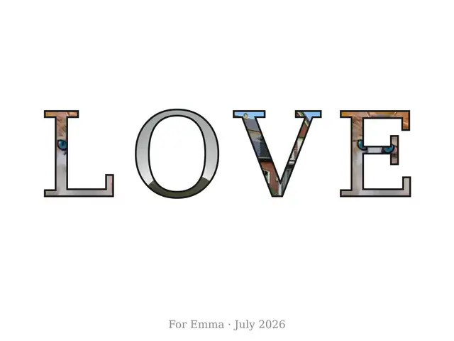 The word LOVE spelled in four large serif letters, each letter filled with a photo (a tabby cat, a smiling man, a brick house), on a white sheet with a small caption line underneath