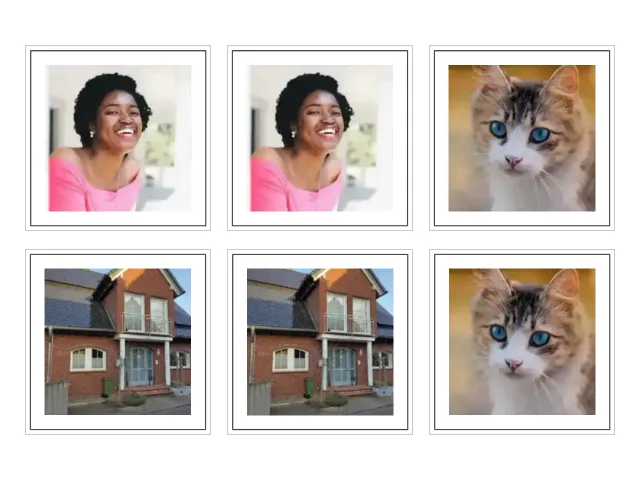 Six square cards cut from a real memory game sheet made by the tool — a laughing woman on two cards side by side, a brick house on two cards side by side below, and a blue-eyed tabby cat on two more split between the rows — every card with a solid cut border