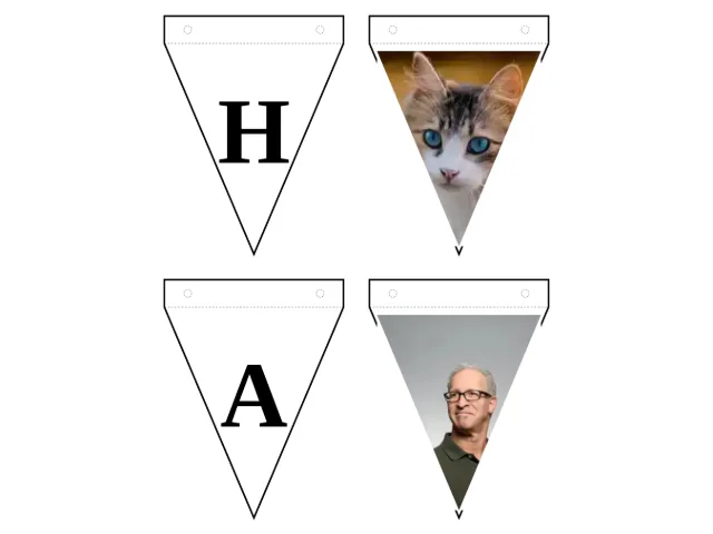 Four real bunting flags cut from the first sheet the maker on this page prints — the letter H, a photo flag with a tabby cat, the letter A and a photo flag with a smiling gray-haired man in glasses, each flag with its dashed fold line and two punch marks