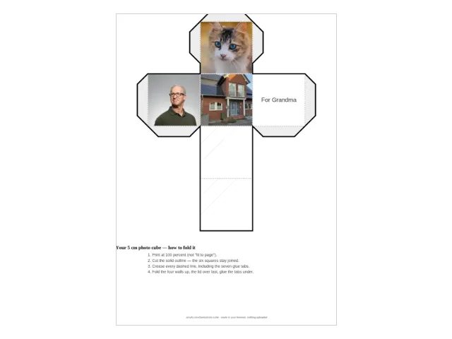 The real print sheet the photo cube maker builds: a cross-shaped paper-cube net with six photo faces already in place, gray glue tabs around the outline, dashed fold lines between the squares, and the folding steps printed underneath