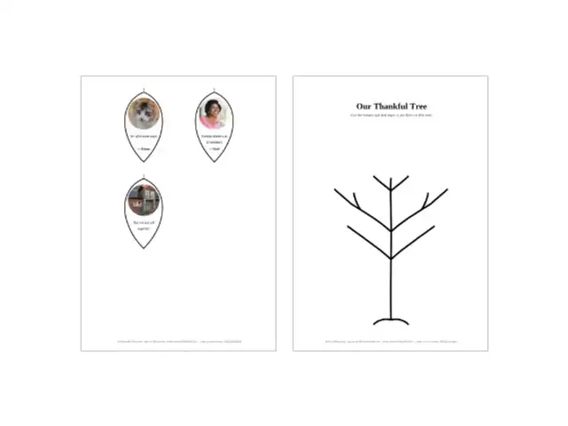Two printable sheets made with the thankful tree maker: on the left, three leaf cards with circle-cropped photos and typed gratitude lines with names beneath; on the right, the bare tree page titled Our Thankful Tree