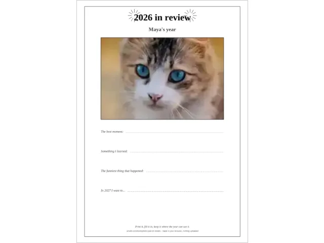 A printed year in review card made with the generator on this page: the year 2026 in large type flanked by fireworks, Maya's year beneath it, a tabby cat with blue eyes cover-cropped into the centred photo frame, and four dotted fill-in lines for the best moment, something learned, the funniest thing and plans for 2027