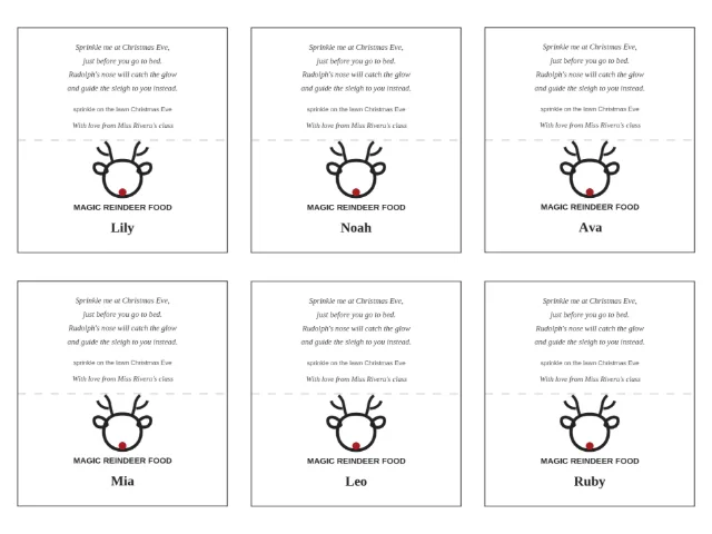 Six finished magic reindeer food toppers cut from one real sheet printed by the tool on this page — each carries the classic four-line poem, the line With love from Miss Rivera's class, a dashed fold line, a line-drawn reindeer with a red nose, the words MAGIC REINDEER FOOD and one printed name, Lily, Noah, Ava, Mia, Leo or Ruby