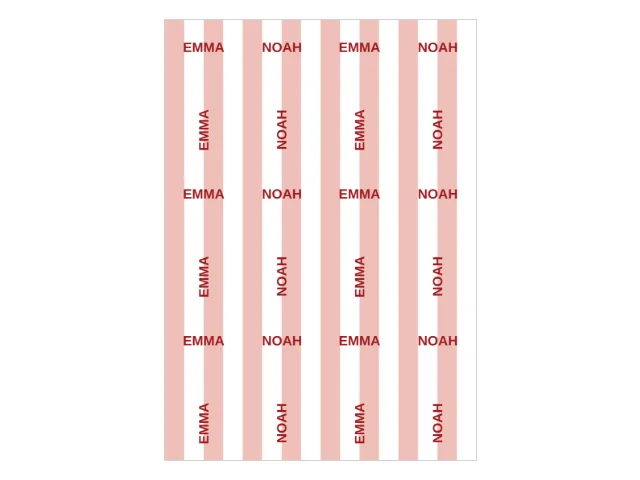 A real A4 sheet of wrapping paper printed by the tool on this page — red candy stripes with the names EMMA and NOAH repeating four across and six down, every other line turned sideways