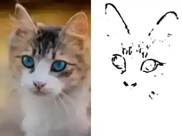 A tabby cat with blue eyes photographed close up, beside the same photo turned into a coloring page: ears, eyes, nose and whiskers as black outlines on white paper