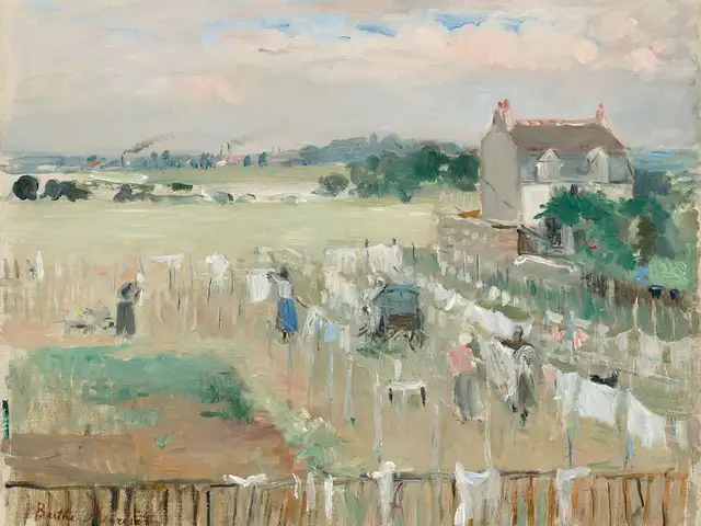 Women hanging white washing on lines across a green field, in Berthe Morisot's 1875 painting Hanging the Laundry out to Dry
