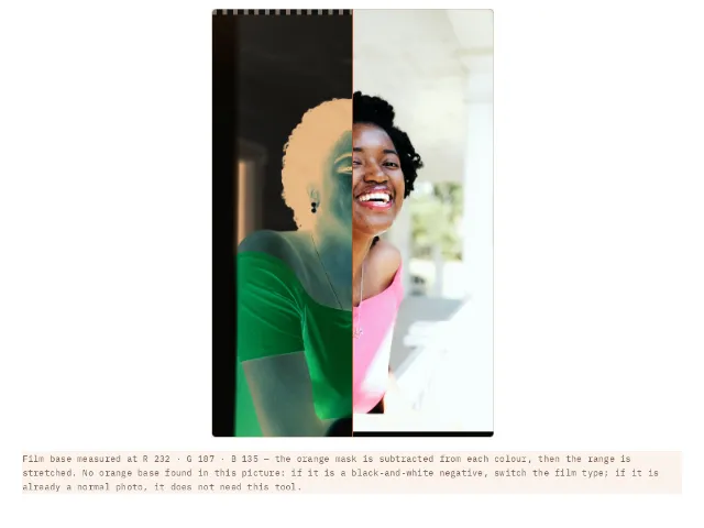 The negative converter at work on this site: the left half of the film frame shows the orange color negative of a smiling woman in a pink shirt, the right half shows the same frame as the finished photo, and a thin divider marks the swap