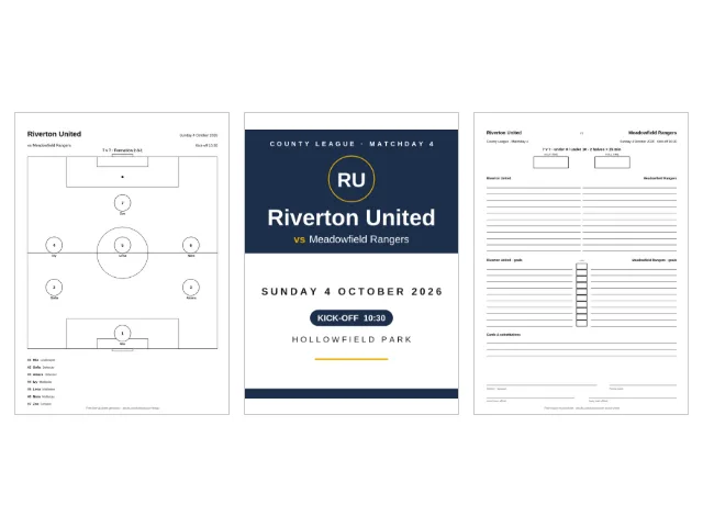 A printed 7 v 7 line-up sheet made with the free generator: team and opponent names, date and kick-off, a 2-3-1 formation drawn as a pitch plan with seven numbered player circles