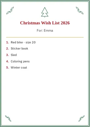 A printed Christmas wish list for Emma with five wishes and holly corners