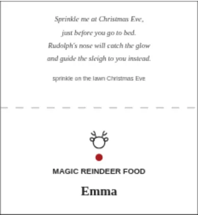 A magic reindeer food bag topper with the poem and the name Emma