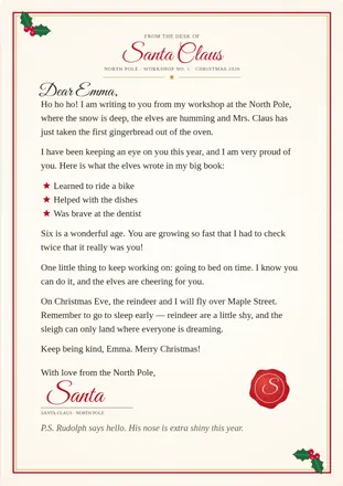 A letter from Santa to Emma on North Pole paper with holly and a red wax seal