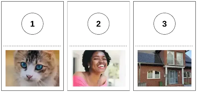 Three printed advent cards: each shows a big number on a flap above a family photo, with a dashed fold line between them and a solid cut border