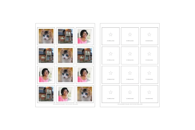 A printable memory game as this tool makes it, shown as two A4 sheets side by side: the left sheet holds twelve square cards in three columns of four, each card with a cut border and a photo inside — a tabby cat, a laughing woman and a brick house, every photo twice, shuffled — and the right sheet holds the matching card backs, each with a star and the title Our Memory Game