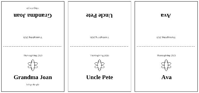Three finished place cards as they print: folded tents with the guest names Grandma Joan, Uncle Pete and Ava, an autumn line drawing above each name, a small note under the first, with solid cut borders and a dashed centre fold line
