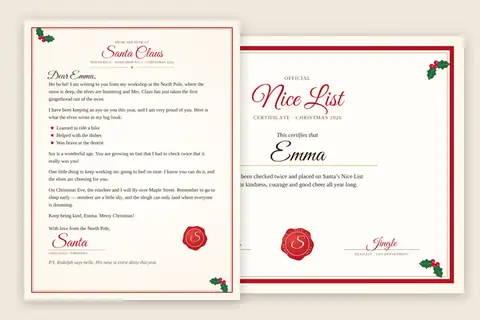 A letter from Santa to Emma on North Pole paper with holly and a wax seal, and her Nice List certificate behind it: this tool's own output