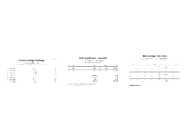 Three real printouts from this page's tools side by side: a dated 52-week savings tracker, a debt payoff plan with two debts and their payoff months, and an October bill calendar with three paydays marked